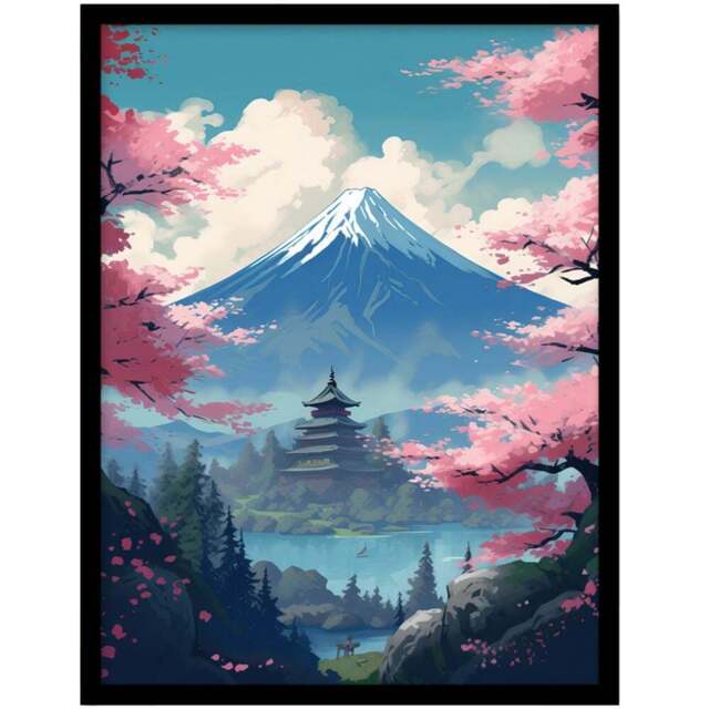 Artery8 Japanese Temple On Mount Fuji Lake Framed Wall Art Print 21 x 29.7cm - Size: 32.3 x 23.4 x 1.5cm - Blue - Wilko - image 1
