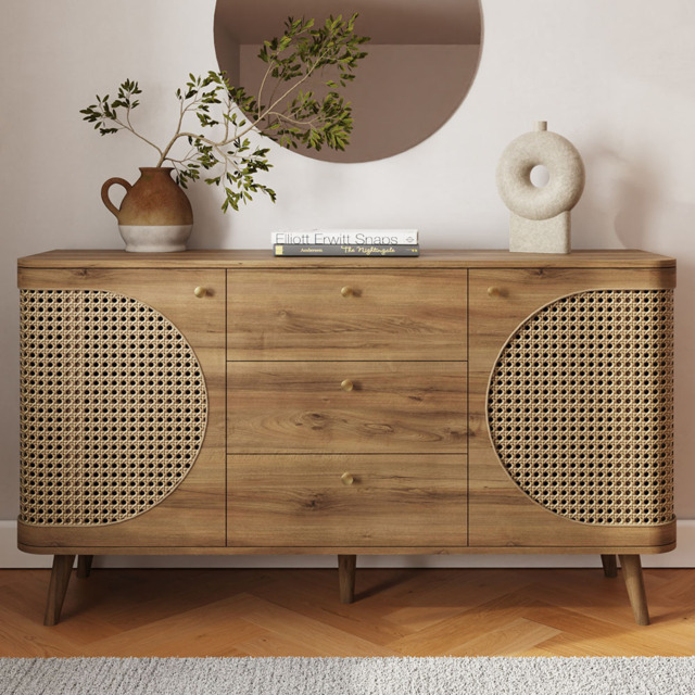 GFW Sorrel 2 Door 3 Drawer Oak Rattan Large Sideboard - Size: 73.5 x 140 x 39cm - Wilko - image 1