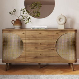 GFW Sorrel 2 Door 3 Drawer Oak Rattan Large Sideboard - Size: 73.5 x 140 x 39cm - Wilko