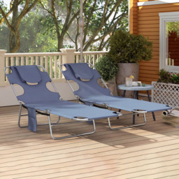 Outsunny Set of 2 Grey Folding Garden Sun Lounger with Reading Hole - Size: 88 x 185 x 55cm - Wilko