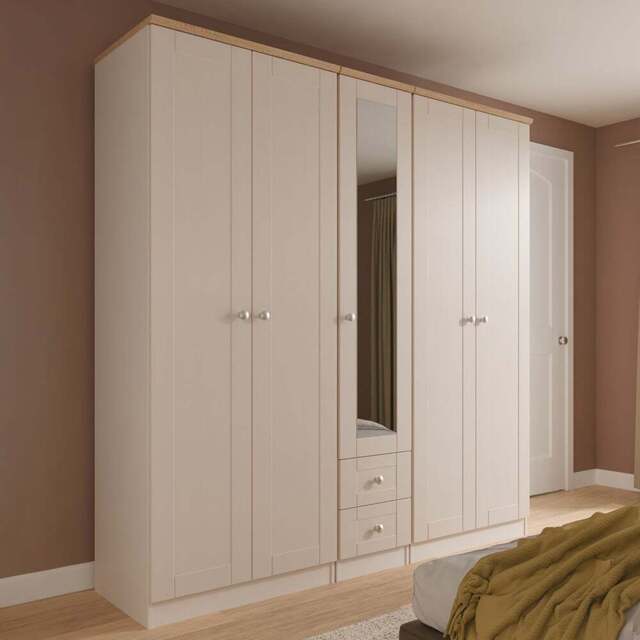 Crowndale Sussex 5 Door 2 Drawer Kashmir Ash and Bardolino Oak Tall Mirror Wardrobe Ready Assembled - Kashmir Ash & Bardolino Oak - Wilko - image 1