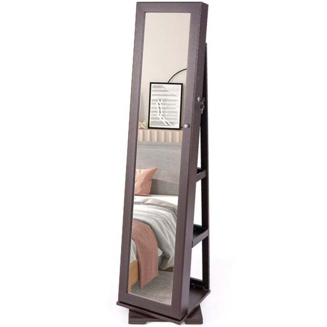 Costway Coffee Full Length Mirrored Jewellery Cabinet - Size: 39 x 39 x 161cm - Brown - Wilko - image 1