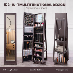Costway Coffee Full Length Mirrored Jewellery Cabinet - Size: 39 x 39 x 161cm - Brown - Wilko - thumbnail 7