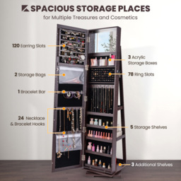 Costway Coffee Full Length Mirrored Jewellery Cabinet - Size: 39 x 39 x 161cm - Brown - Wilko - thumbnail 6
