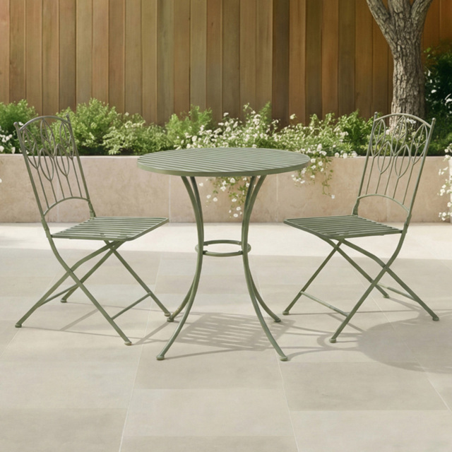 Charles Bentley 2 Seater Sage Green Rustic Metal Leaf Pattern Foldable Garden Bistro Set - Wilko - image 1
