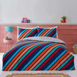 Rapport Home Single Oxford Bright Stripe Microfibre Reversible Duvet Cover Set - Blue - Wilko