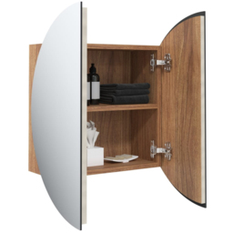 vidaXL 2 Door LED Round Mirror Oak Bathroom Cabinet - Size: 47 x 47 x 17.5cm - Brown - Wilko - thumbnail 4