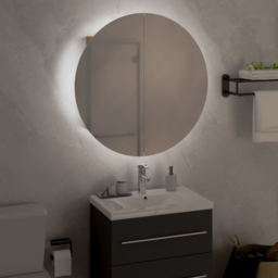vidaXL 2 Door LED Round Mirror Oak Bathroom Cabinet - Size: 47 x 47 x 17.5cm - Brown - Wilko - thumbnail 6