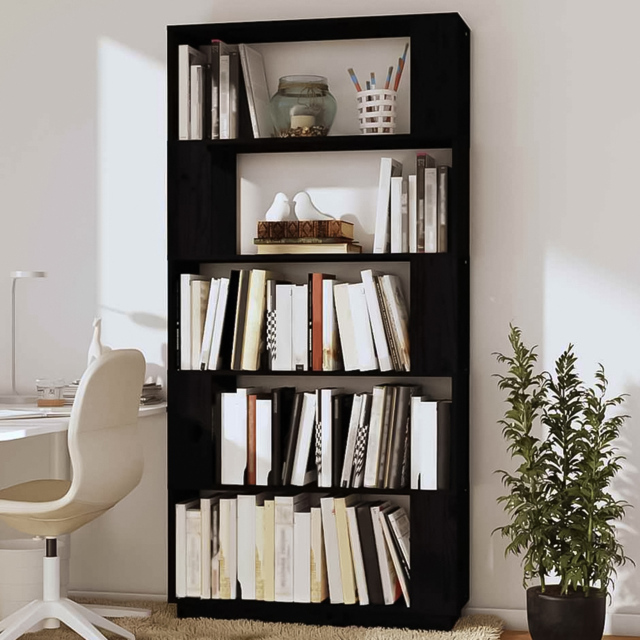 vidaXL 5 Shelf Black Solid Pine Wood Bookcase - Size: 163.5 x 80 x 25cm - Wilko - image 1