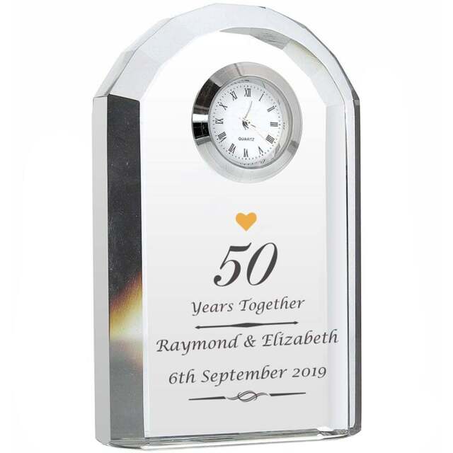 Personalised Memento Personalised Golden Anniversary Crystal Clock - Size: 0.6 x 1 x 0.3cm - Clear - Wilko - image 1