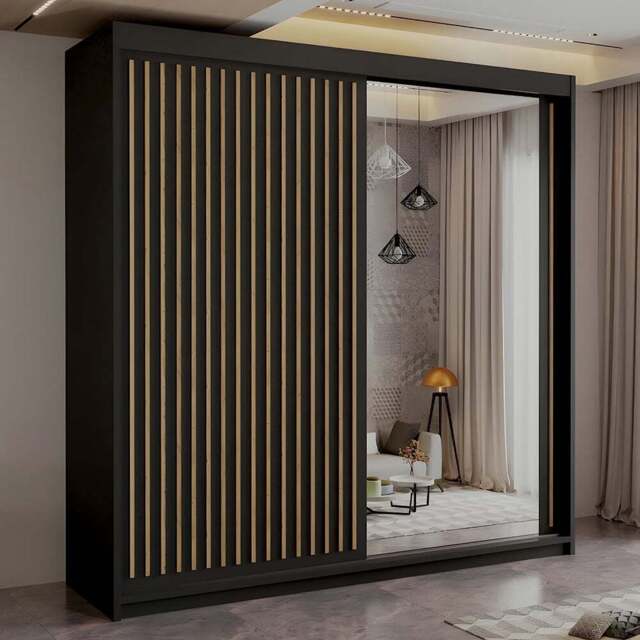 Sliding Wardrobes 4U Royal 2 Door Black Minimalist Mirrored Wardrobe 150cm - Wilko - image 1