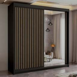 Sliding Wardrobes 4U Royal 2 Door Black Minimalist Mirrored Wardrobe 150cm - Wilko