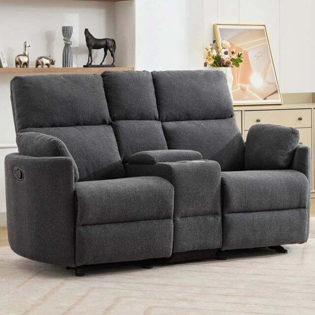 Artemis Home Powell 2 Seater Dark Grey Boucle Rocker Manual Recliner Sofa with Centre Console - Wilko - image 1