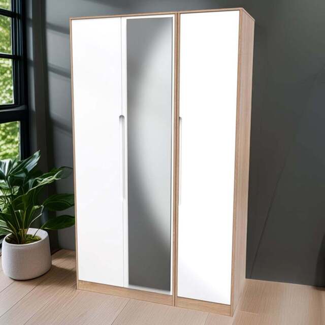 Crowndale Monaco 3 Door White Gloss and Bardolino Oak Tall Mirror Wardrobe Ready Assembled - White Gloss & Bardolino Oak - Wilko - image 1