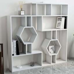 Decorotika Tamara White Geometric Unique Bookshelf - Size: 134 x 134 x 22cm - Wilko