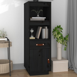 vidaXL Single Door Single Drawer 2 Shelf Black Pine Wood Highboard - Size: 108.5 x 34 x 40cm - Wilko - thumbnail 1