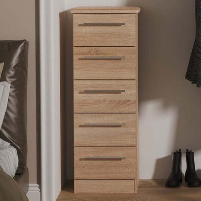Crowndale Sherwood 5 Drawer Bardolino Oak Tall Bedside Cabinet - Brown - Wilko - image 1
