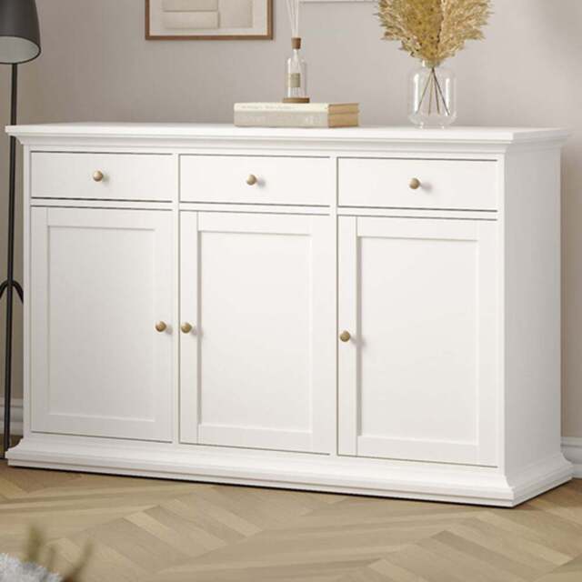 Florence 3 Door 3 Drawer White Sideboard - Size: 91.66 x 147.7 x 46.1cm - Furniture To Go - Wilko - image 1