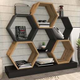Decorotika Flower Black and Oak Wide Hexagonal Bookcase - Size: 109 x 120 x 29.5cm - Multi - Wilko