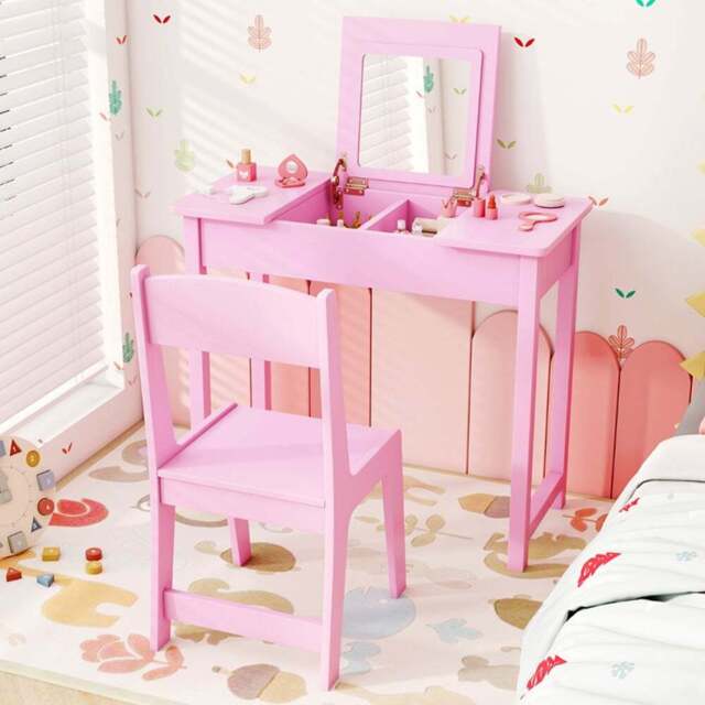 Costway 2 Drawer Single Shelf Pink 2 in 1 Kids Vanity Table Set with Flip Top Mirror - Size: 70 x 34 x 61cm - Wilko - image 1