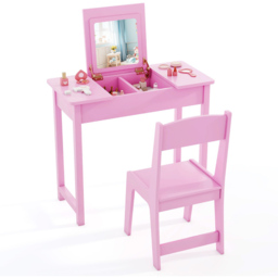Costway 2 Drawer Single Shelf Pink 2 in 1 Kids Vanity Table Set with Flip Top Mirror - Size: 70 x 34 x 61cm - Wilko - thumbnail 4