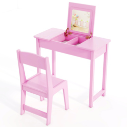 Costway 2 Drawer Single Shelf Pink 2 in 1 Kids Vanity Table Set with Flip Top Mirror - Size: 70 x 34 x 61cm - Wilko - thumbnail 3