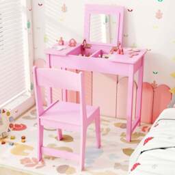 Costway 2 Drawer Single Shelf Pink 2 in 1 Kids Vanity Table Set with Flip Top Mirror - Size: 70 x 34 x 61cm - Wilko
