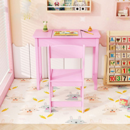 Costway 2 Drawer Single Shelf Pink 2 in 1 Kids Vanity Table Set with Flip Top Mirror - Size: 70 x 34 x 61cm - Wilko - thumbnail 5