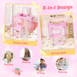 Costway 2 Drawer Single Shelf Pink 2 in 1 Kids Vanity Table Set with Flip Top Mirror - Size: 70 x 34 x 61cm - Wilko - thumbnail 7