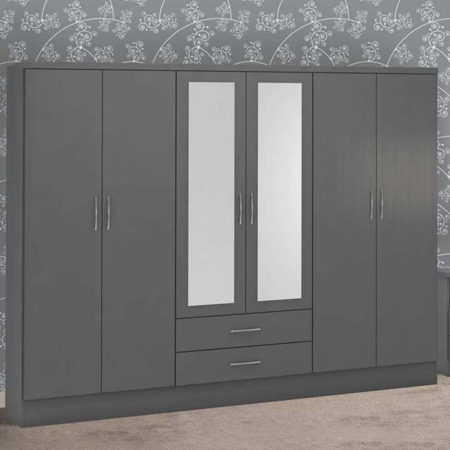 Seconique Nevada 6 Door 2 Drawer 3D Effect Grey Wardrobe - Size: 6 Door, 2 Drawer - Wilko - image 1