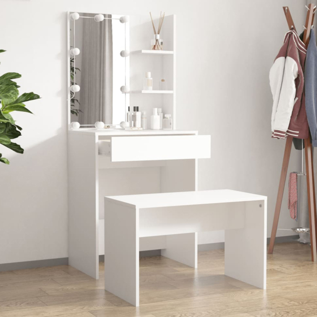 vidaXL White Wooden Dressing Table and Stool Set with LED Mirror - Size: 140 x 60 x 40cm - Wilko - image 1