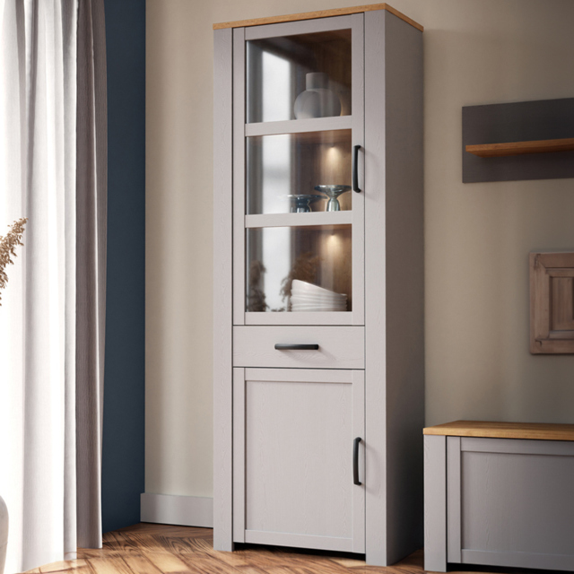 Florence Bohol 2 Door Single Drawer Grey Riviera Oak Narrow Cabinet - Size: 42 x 71 x 205cm - Wilko - image 1