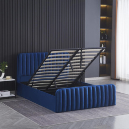 Portland Wave Small Double Blue Velvet Ottoman Bed with Mattress - Wilko - thumbnail 6