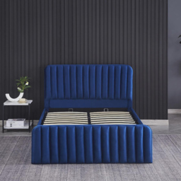 Portland Wave Small Double Blue Velvet Ottoman Bed with Mattress - Wilko - thumbnail 4