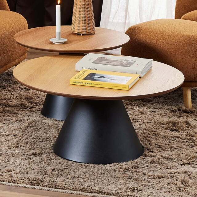 Florence Soli Round Black and Oak Coffee Table - Size: 40 x 85 x 85cm - Multi - Furniture To Go - Wilko - image 1
