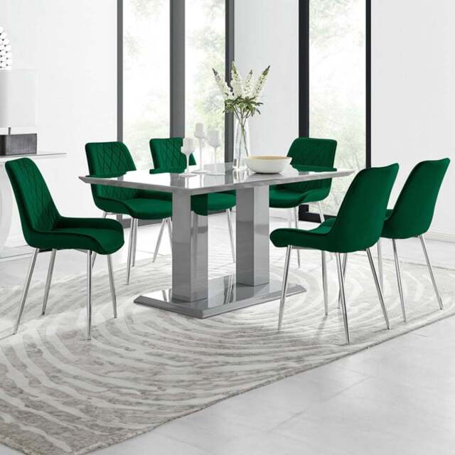 Furniturebox Molini Cesano 6 Seater Dining Set Grey Gloss Green and Chrome - Wilko - image 1