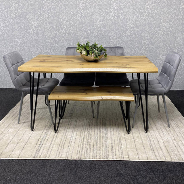 Kosy Koala 6 Seater Velvet Wooden Dining Set with Bench Grey - Multi - Wilko - image 1