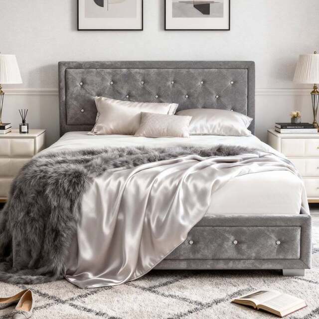Brooklyn King Size Grey Crushed Velvet Diamante Ottoman Bed - Wilko - image 1