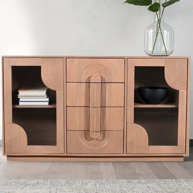 IH Design Jodhpur 3 Door Solid Wooden Extra Large Sideboard - Size: 85 x 150 x 40cm - Brown - Wilko - image 1