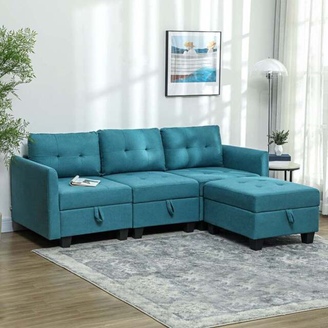 HOMCOM 3 Seater Light Blue Modular L Shaped Sofa with Storage - Wilko - image 1