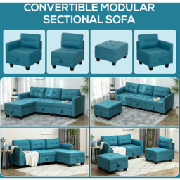 HOMCOM 3 Seater Light Blue Modular L Shaped Sofa with Storage - Wilko - thumbnail 5