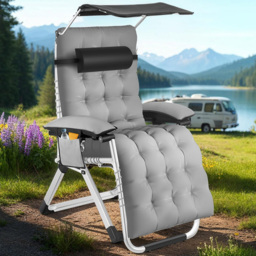 tectake Cirrus Light Grey Folding Plush Padding Sun Lounger with Sun Shade - Size: 168 x 84 x 103cm - Wilko