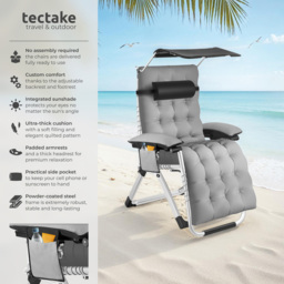 tectake Cirrus Light Grey Folding Plush Padding Sun Lounger with Sun Shade - Size: 168 x 84 x 103cm - Wilko - thumbnail 7