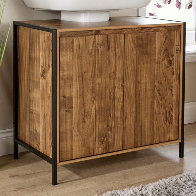 Home Source Locastra 2 Door Oak and Black Under Basin Bathroom Storage Cabinet - Size: 45 x 45 x 15cm - Brown - Wilko - image 1