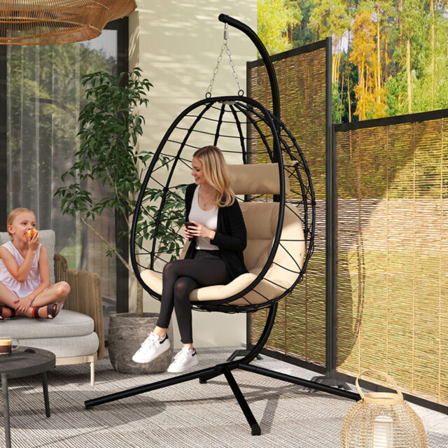 Outsunny Khaki Hanging Egg Chair with Folding Basket - Size: 198 x 95 x 98cm - Cream - Wilko - image 1