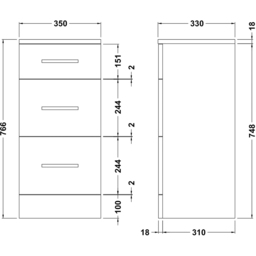 nuie Mayford 3 Drawer Gloss White Floor Standing Unit - Size: 766 x 350 x 330mm - Wilko - thumbnail 4
