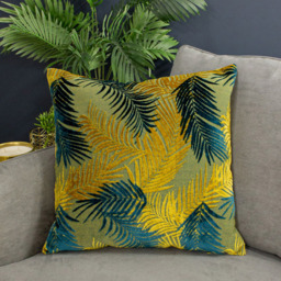 Paoletti Palm Grove Gold and Teal Velvet Jacquard Cushion - Size: 50 x 50 cm - Multi - Wilko - thumbnail 3