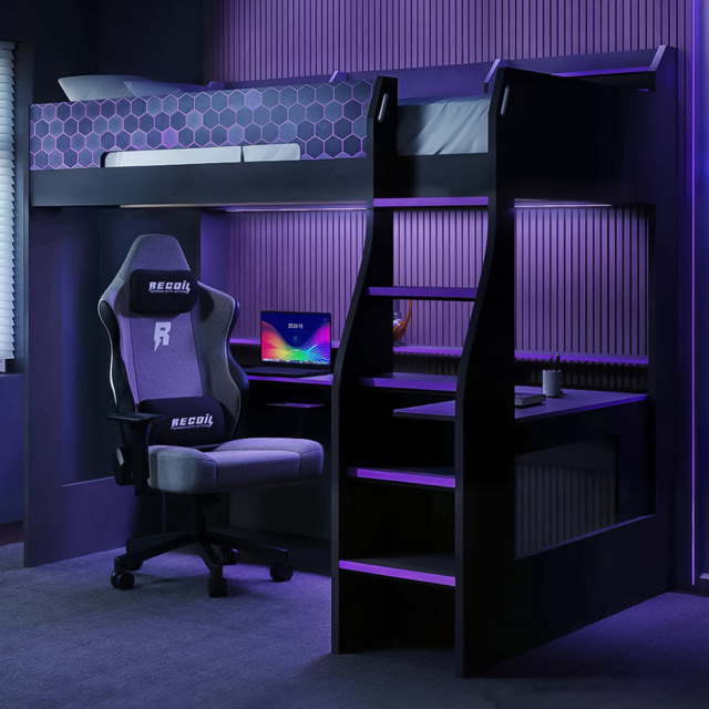 Recoil Ultimate Small Double Charcoal and Purple Gaming High Sleeper Bed with LED - Flair - Wilko - image 1