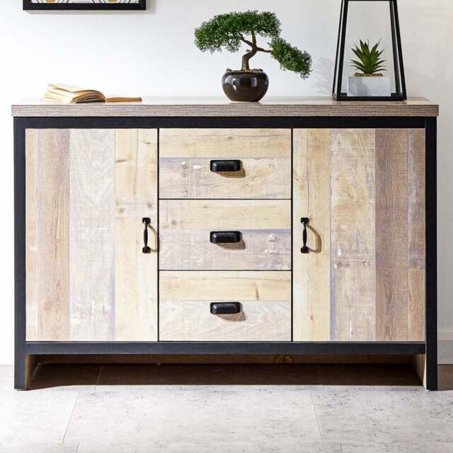 GFW Boston 2 Door 3 Drawer Oak Sideboard - Size: 74 x 113 x 39cm - Brown - Wilko - image 1