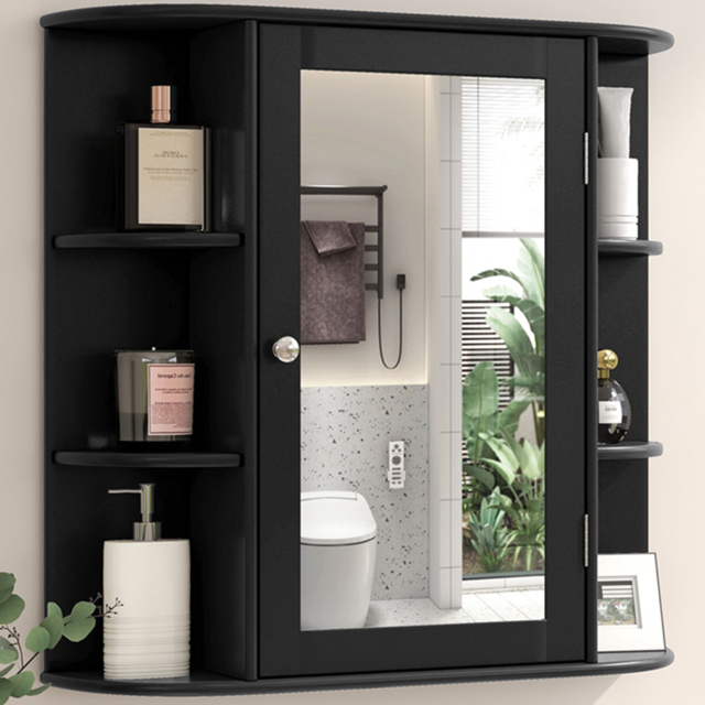 Costway Single Door 6 Shelf Black Mirrored Wall Mounted Bathroom Cabinet - Size: 65 x 17 x 64cm - Wilko - image 1